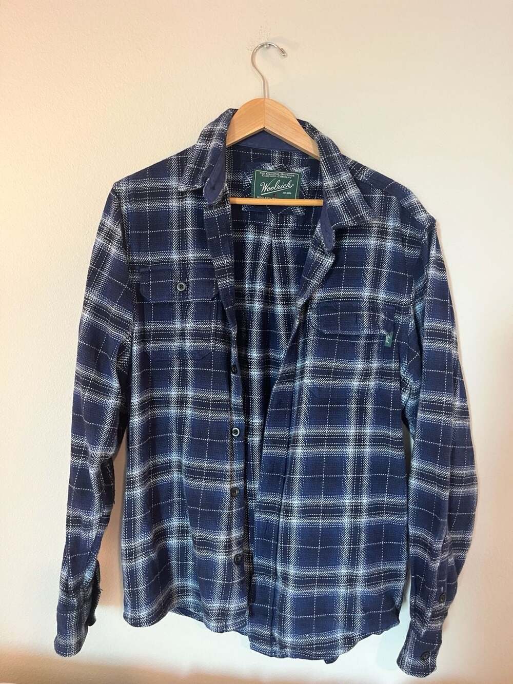 Woolrich, Blue Plaid Flannel Button Up, Thick Cotton, Fall Layering, Medium